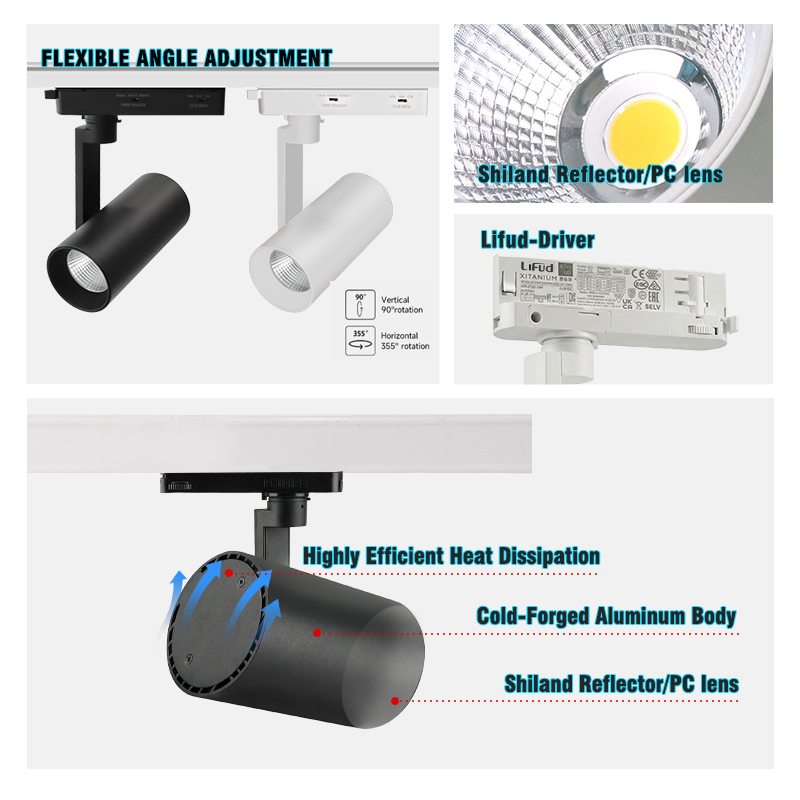LIFUD Driver Side-Arm 3CCT Ra90 Adjustable Museum Showroom Retail Spot Light System Ceiling Black 30w Led Track Light