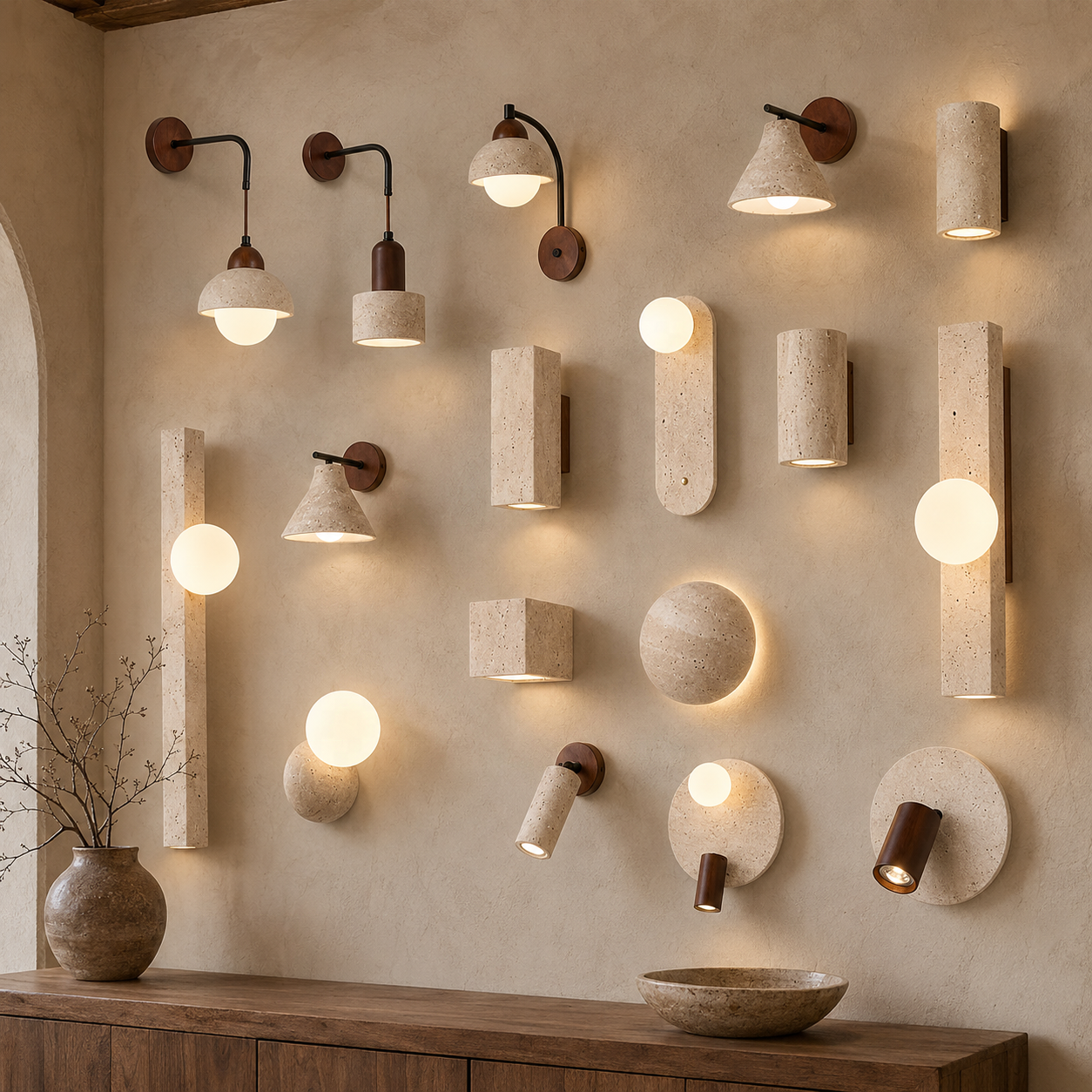 Travertine Wall Lamp Wabi Sabi Cave Stone Sconce Warm White CCT LED for Bedroom Hotel Living Room Bedside