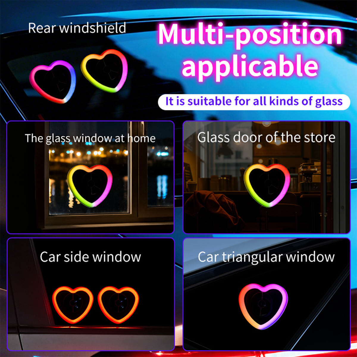 New Universal Car Triangle Window Heart Lamp USB and App-Controlled Colorful Changing LED Neon Light Car Ambient Light