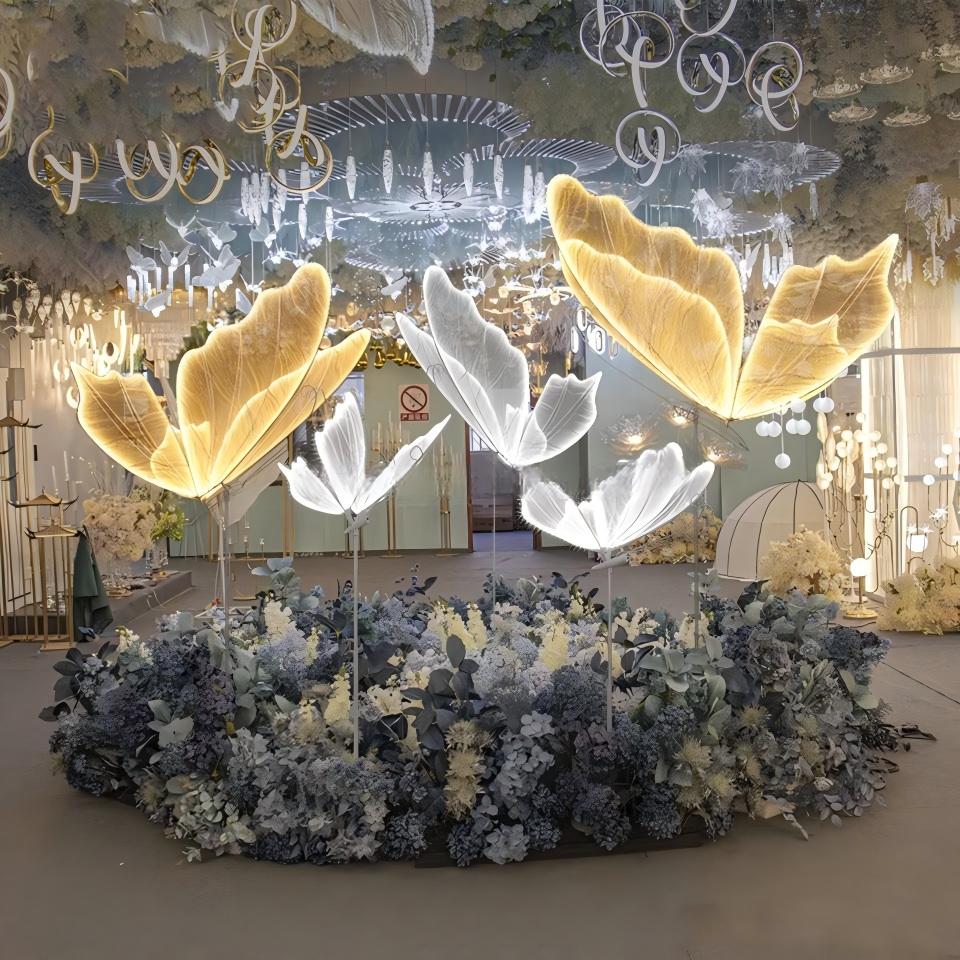 White Butterfly LED Waterproof IP55 Rated Adjustable Height Romantic Hanging Floor Lamp Premium Wedding Ceiling Decoration