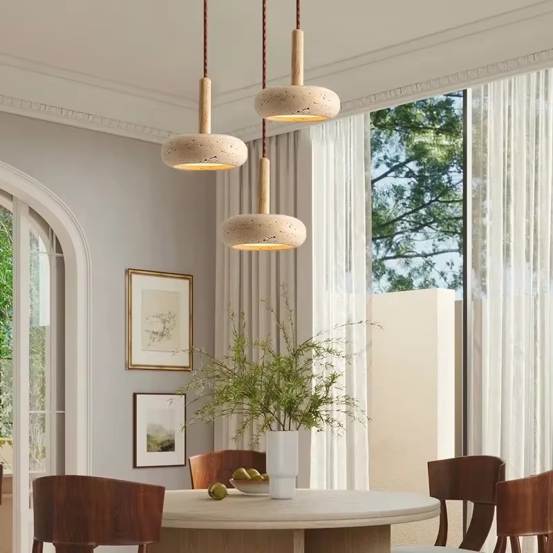 Wholesale Retro Stone Pendant Light Minimalist Lighting for Bedroom Villa Hotel Decor Natural Yellow Travertine LED Hanging Lamp