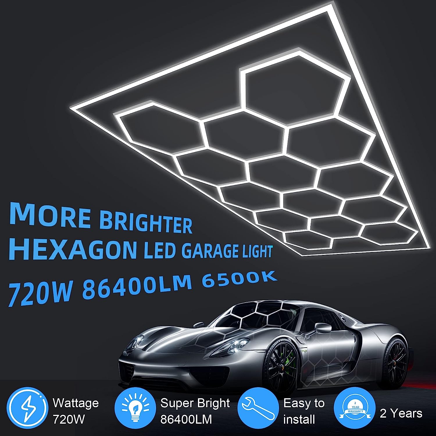 Car Detailing LED Light 14 Grid Hanging Hexagon Ceiling Lights 110w-240w 6500K White for Workshop Gym Garage Hexagonal Light