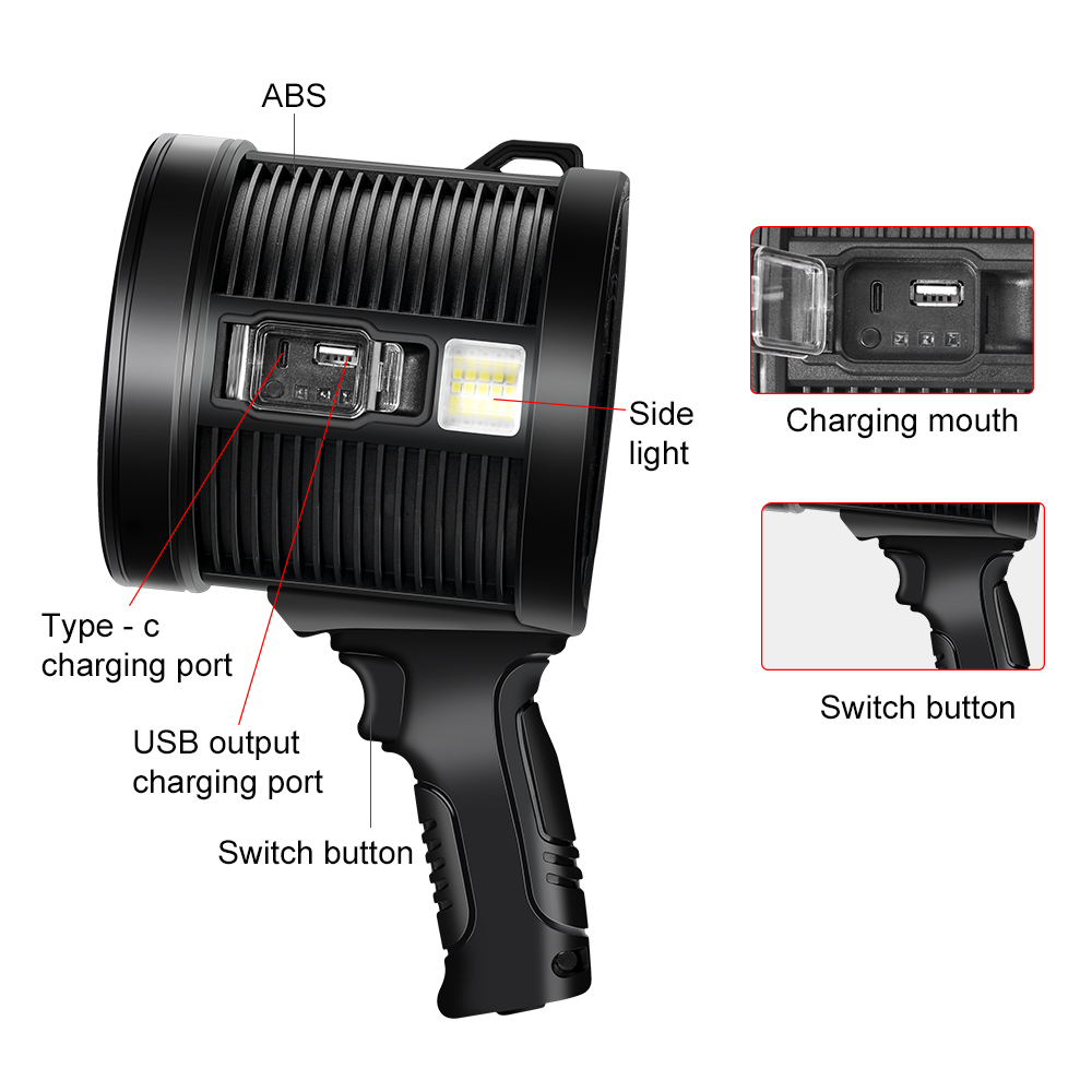 Super Powerful Portable Led Flashlight Searchlight Spotlights With COB Light Solar Panel Type-C Charging Torch for Hunt Outdoors