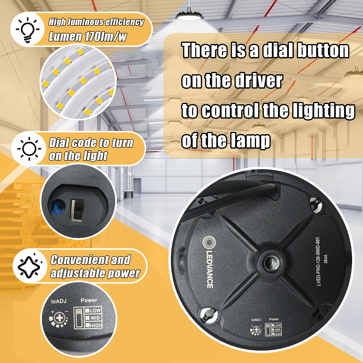 IP65 Aluminum High Bay Light 50W-250W UFO for LED Industrial Lamp Adjustable Power for Warehouse Workshop &amp; Garage