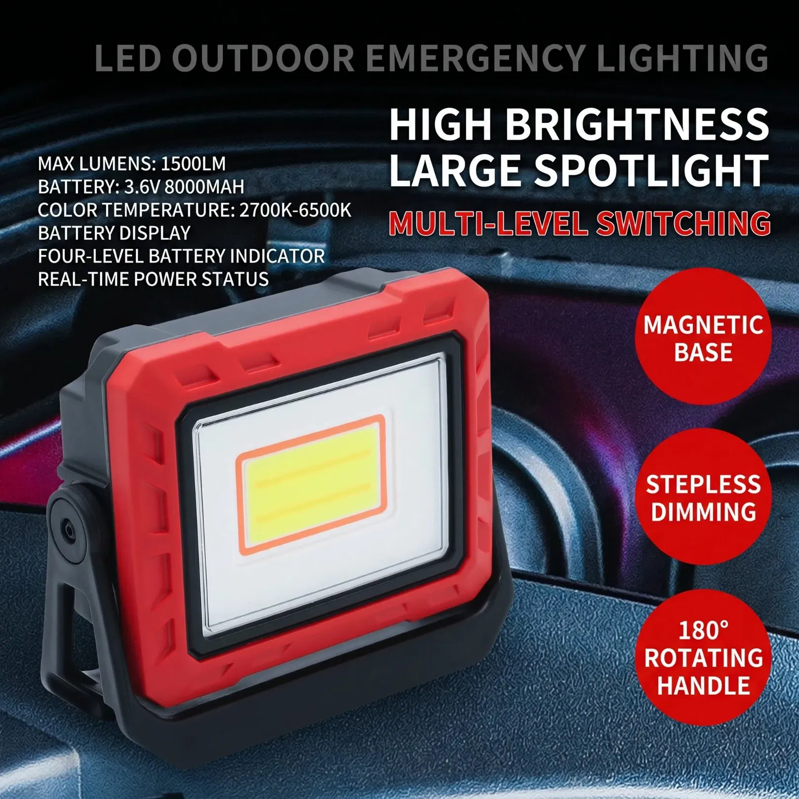 2000lumens High Power Flood Work Light for Inspection Light Car Repair Work Lighr with Strong Magnet and Hook Portable Flood Work Light
