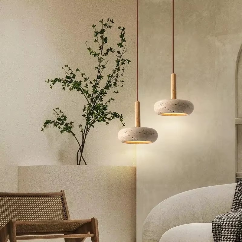 Wholesale Retro Stone Pendant Light Minimalist Lighting for Bedroom Villa Hotel Decor Natural Yellow Travertine LED Hanging Lamp