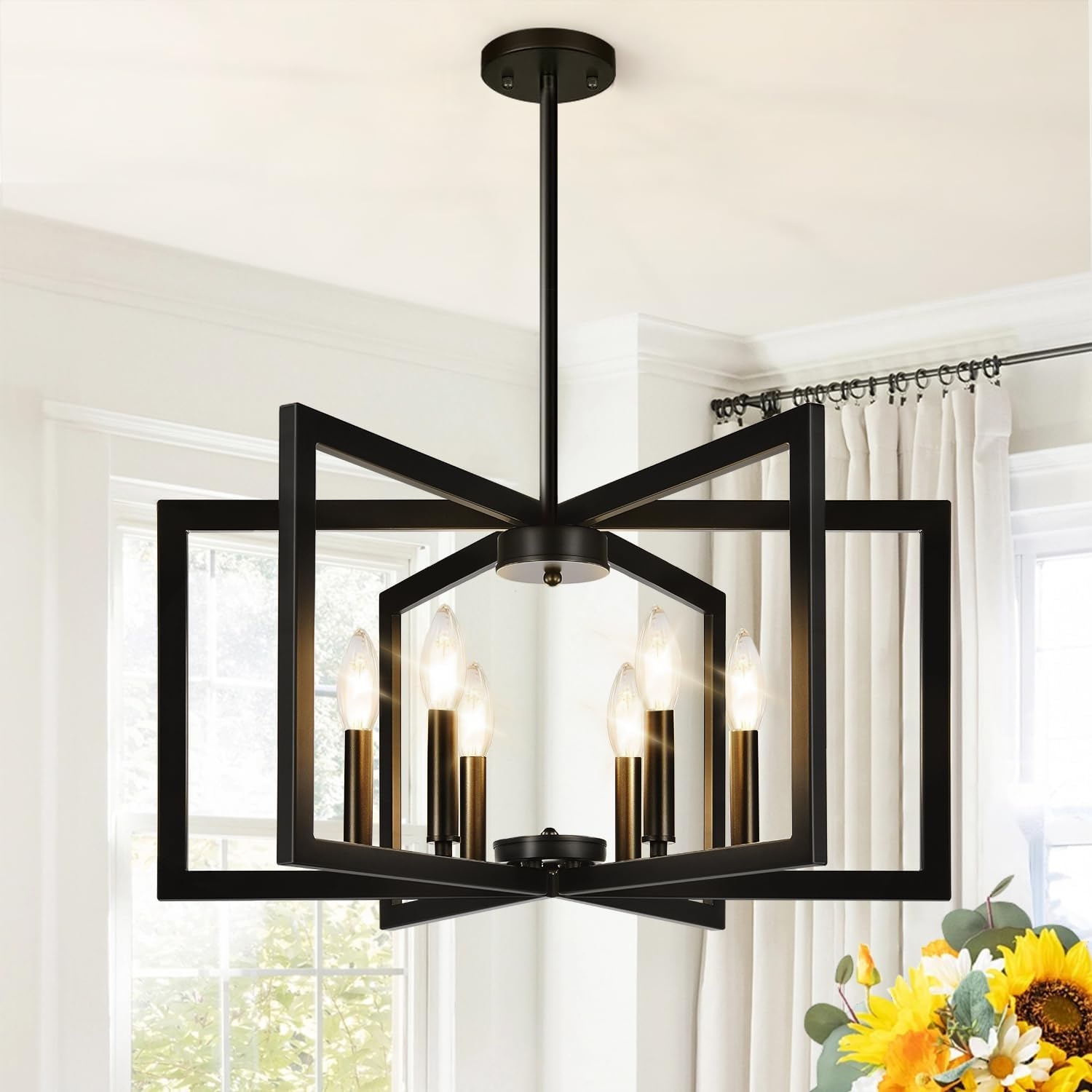 Modern Black Iron Crystal Chandelier Luxury Geometric Ceiling Light Contemporary Hanging Pendant Lamp for Living Room