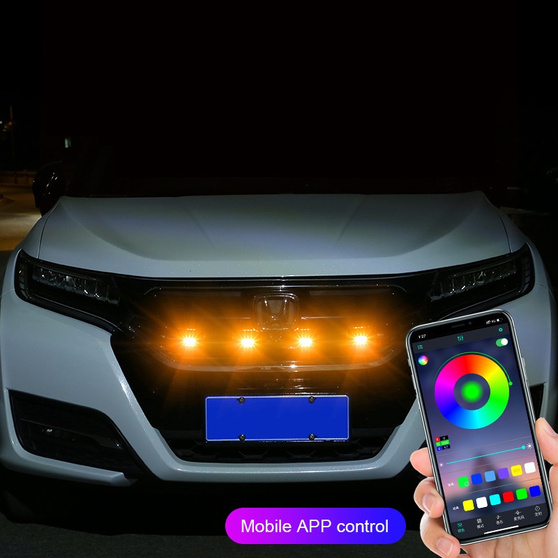 RGB Car Front Grille Light 4pcs in One APP Control 12V Led Grid Hood Light for Modify Off-road Vehicle Jeep SUV Decorative Lamp