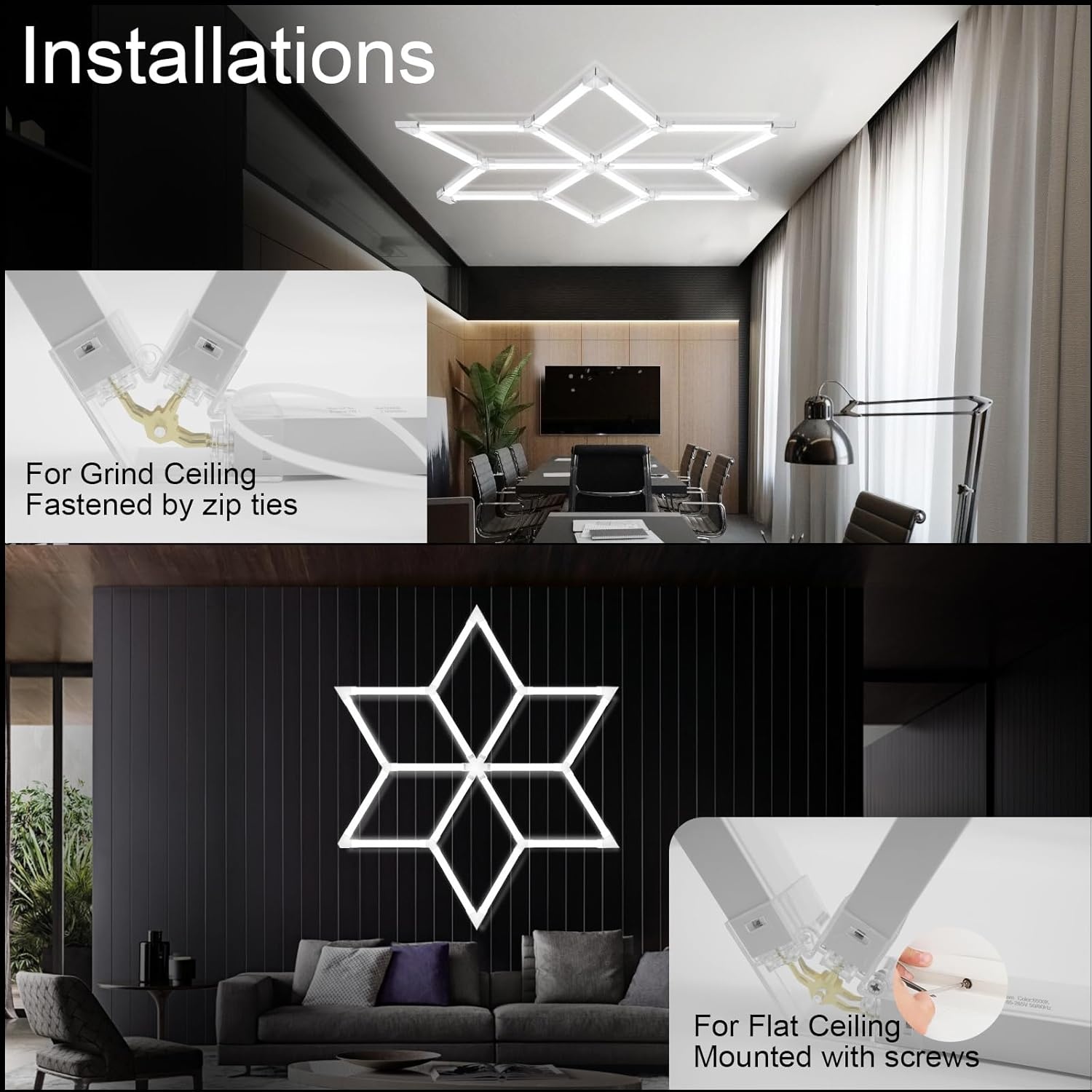 Hexagram Garage Lights 6 Rhombus 180W 15120LM 6500K Super Bright LED Ceiling Light for Garage Workshop Gym Car Detailing