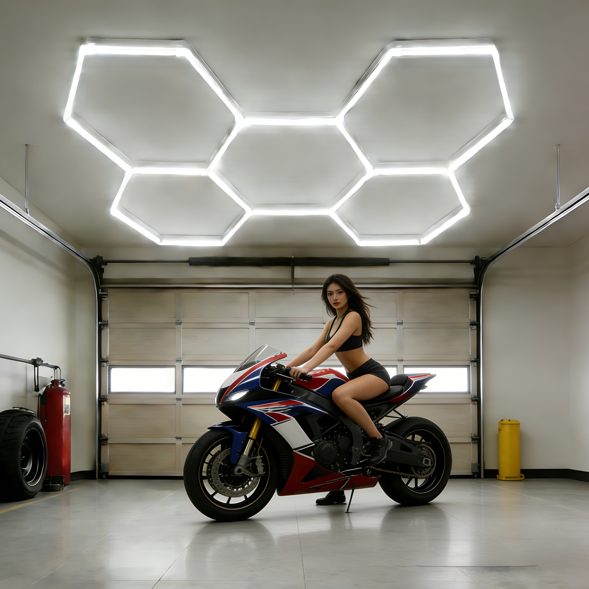 Hexagonal LED Lighting for Garage Workspace Honeycomb Light Hexagon Garage Lights Adjustable Brightness