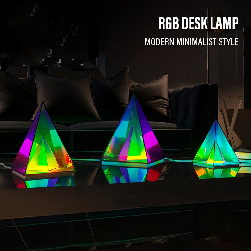 LED Pyramid Night Light Acrylic RGB Decorative Desk Lamp with Remote Control Game Room Bedroom Bedside Creative Decorative Lighting