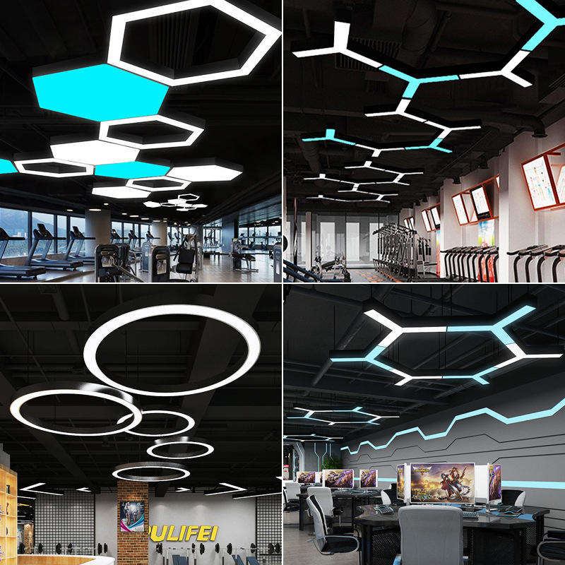 Colorful RGBW RGB White Office Ceiling Hexagon Lamp Commercial Industrial Modern Linear Honeycomb Pendant LED Gym Light