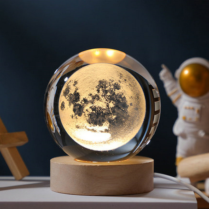 Large 60mm 3D Galaxy Sphere Ball Night Lamp Custom Laser Engraved LED Light With Wooden Base Carved Crafted Luxury Home Decor