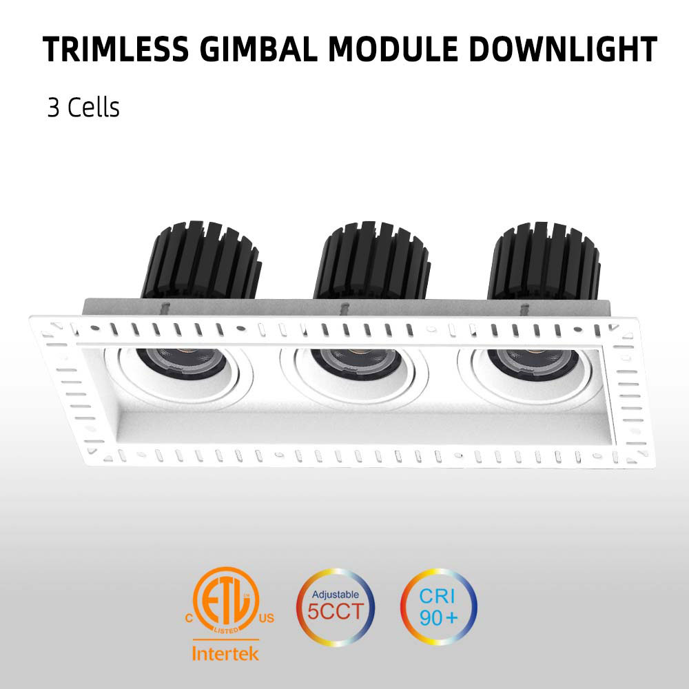 3 Cells 5CCT Tunable LED Modular Downlight 30W Trimless Adjustable High CRI Recessed Gimbal Lighting Fixture