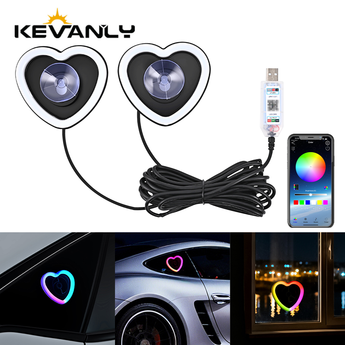 New Universal Car Triangle Window Heart Lamp USB and App-Controlled Colorful Changing LED Neon Light Car Ambient Light
