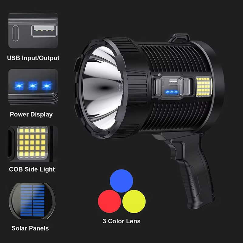 Super Bright Rechargeable Solar Spotlight LED Cob Light Handheld Large Flashlight Waterproof Outdoor Working Camping Lamp