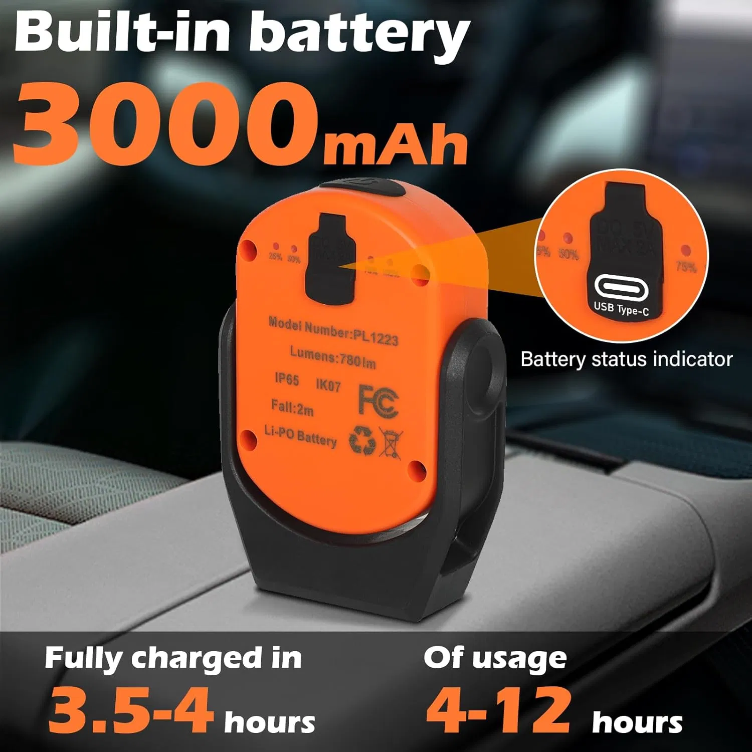 Orange Color Work Light Car Inspection Lamp 780lm Portable Work Light Flashlight