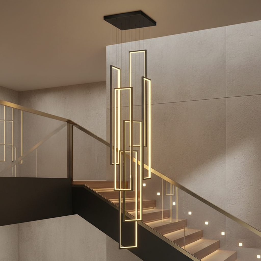 Black Gold Modern Led Pendant Light Hotel High Ceiling Geometric Hanging Lamp Staircase Large Long Customized Acrylic Chandelier