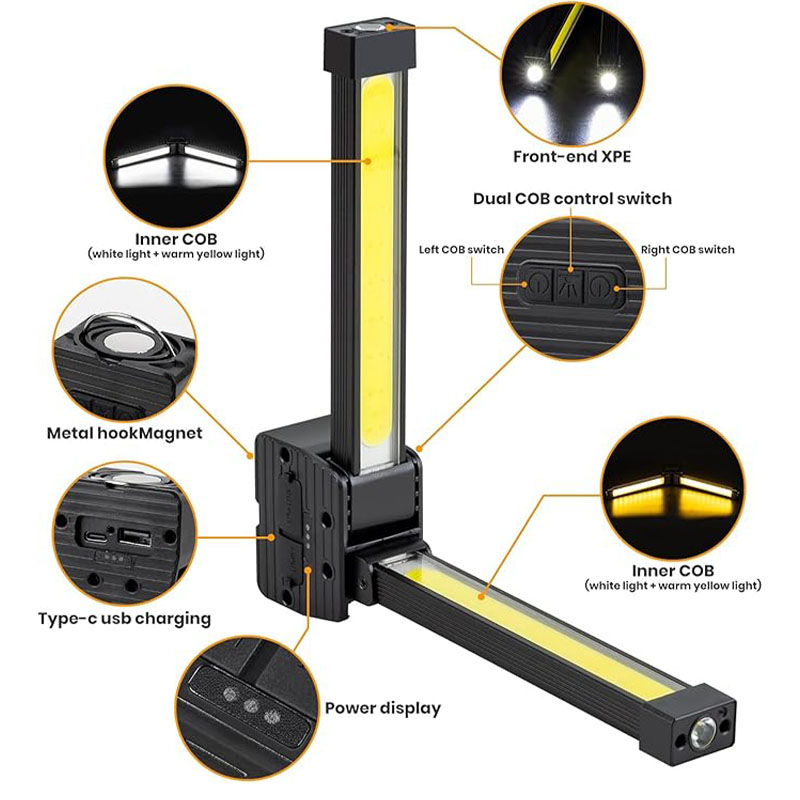 USB Rechargeable Best Selling Dimmable Gym Lamp Magnetic COB Work Light with 180 Degree Folding for Posing Handheld Work