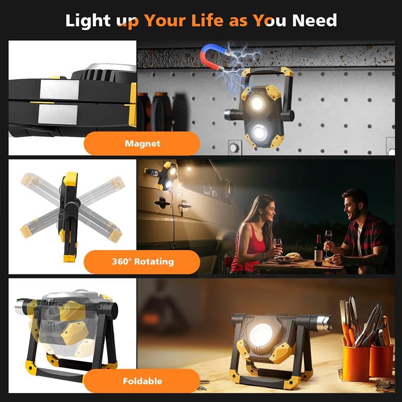 Rechargeable LED Work Light,Magnetic, 5 Modes, 360 Rotatable &amp; Foldable, Waterproof for Garage, Job Site, Camping, Car Repairing