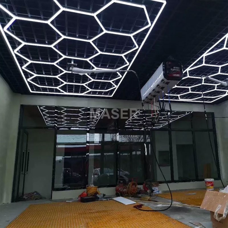 High Brightness LED Hexagon Light 3CCT Dimmable Garage Hexagon LED Lights for Car Detailing Car Wash Station 15 Grid System