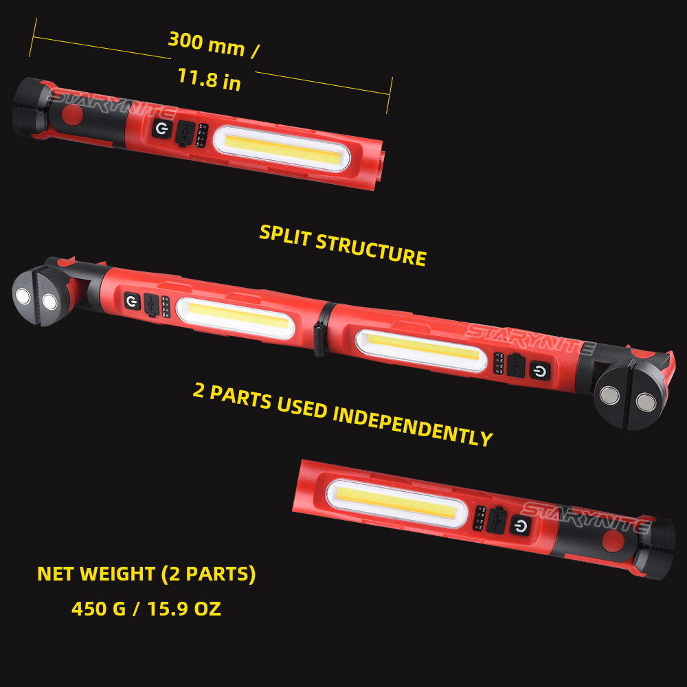 STARYNITE Rechargeable Cordless Led Underhood Work Light in Split Structure with Clips Hooks Magnets for Car Repair Inspection
