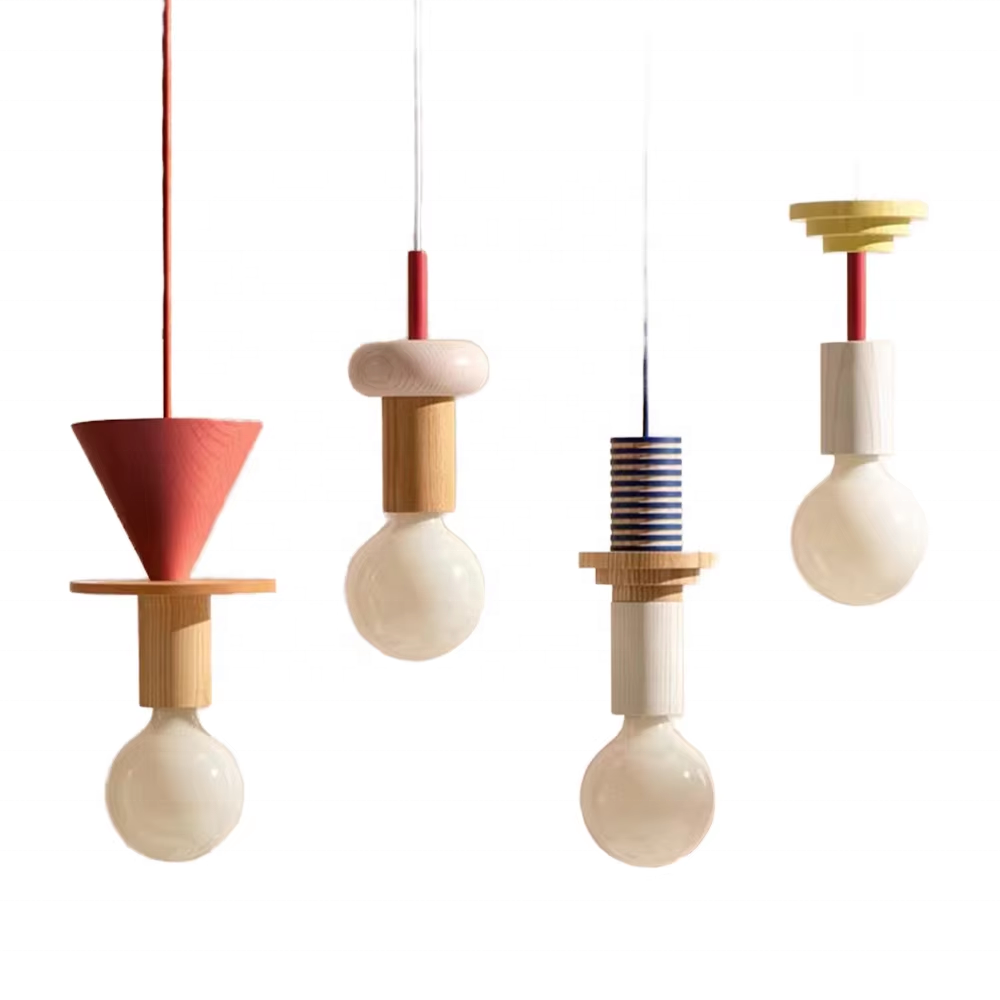 Modern Minimalist Solid Wood LED Pendant Light Geometric Design Ceiling Chandelier for Dining Room Bedroom Home Lighting