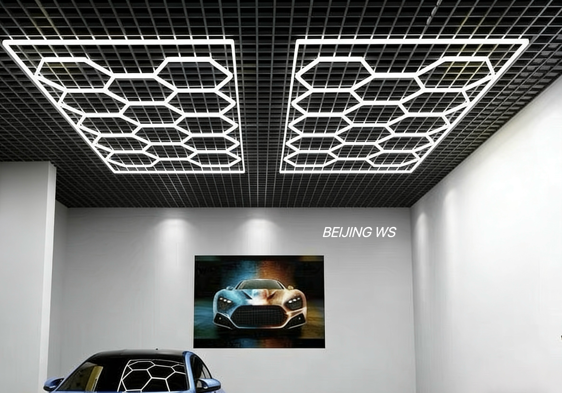 Hexagonal LED Honeycomb Garage Light CE Certified Plug-and-Play Auto Detailing Shop Ceiling Lighting High CRI Car Wash Workshop