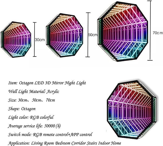 Mirror Tunnel Light LED Infinity Mirror Light with Remote Control 3D Octagon Infinity Wall Mirror Multi Color Changing Light