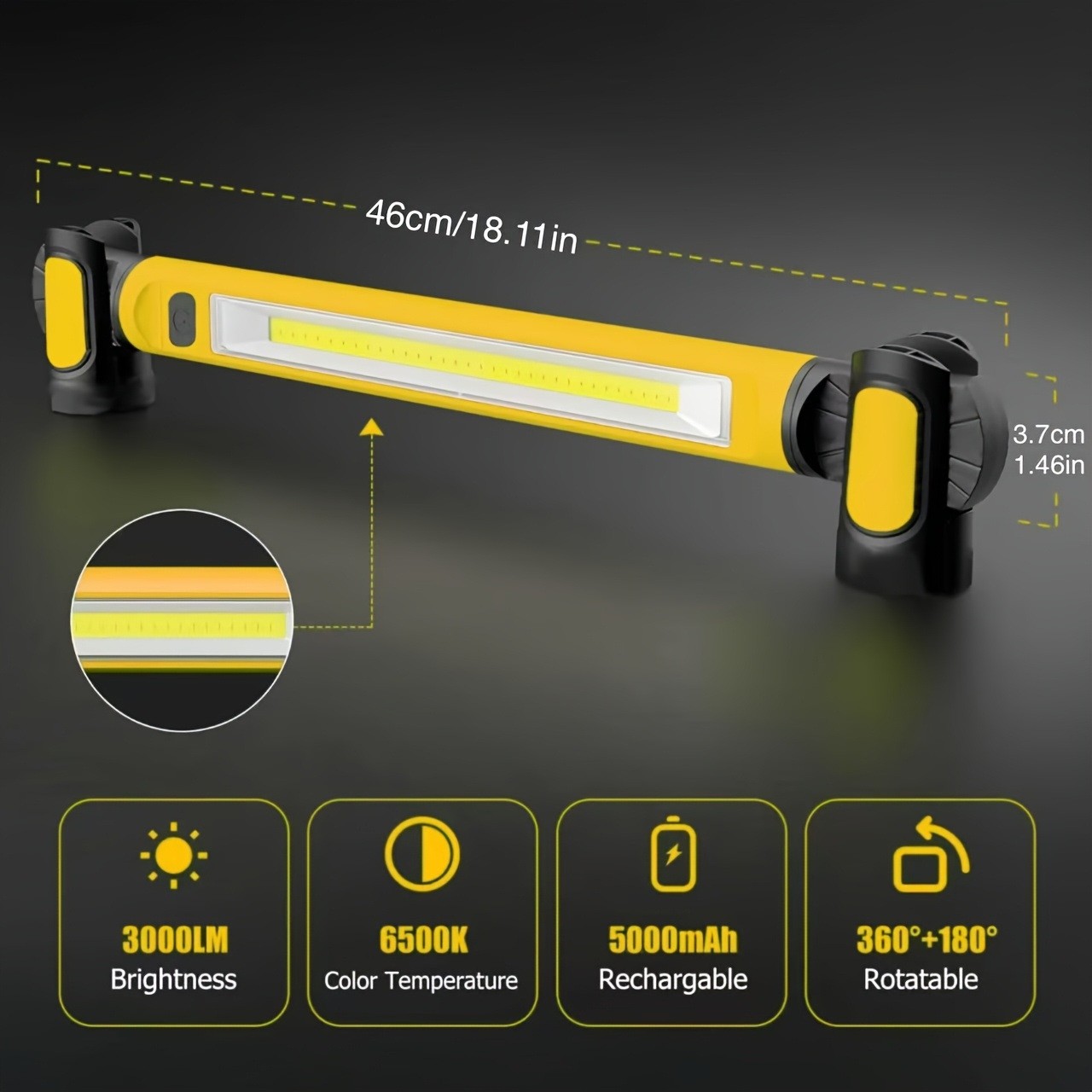1200Lumen Rechargeable COB LED Underhood Work Light for Mechanic Garage Workshop Rotated Magnetic Hook Car Inspection Work Light