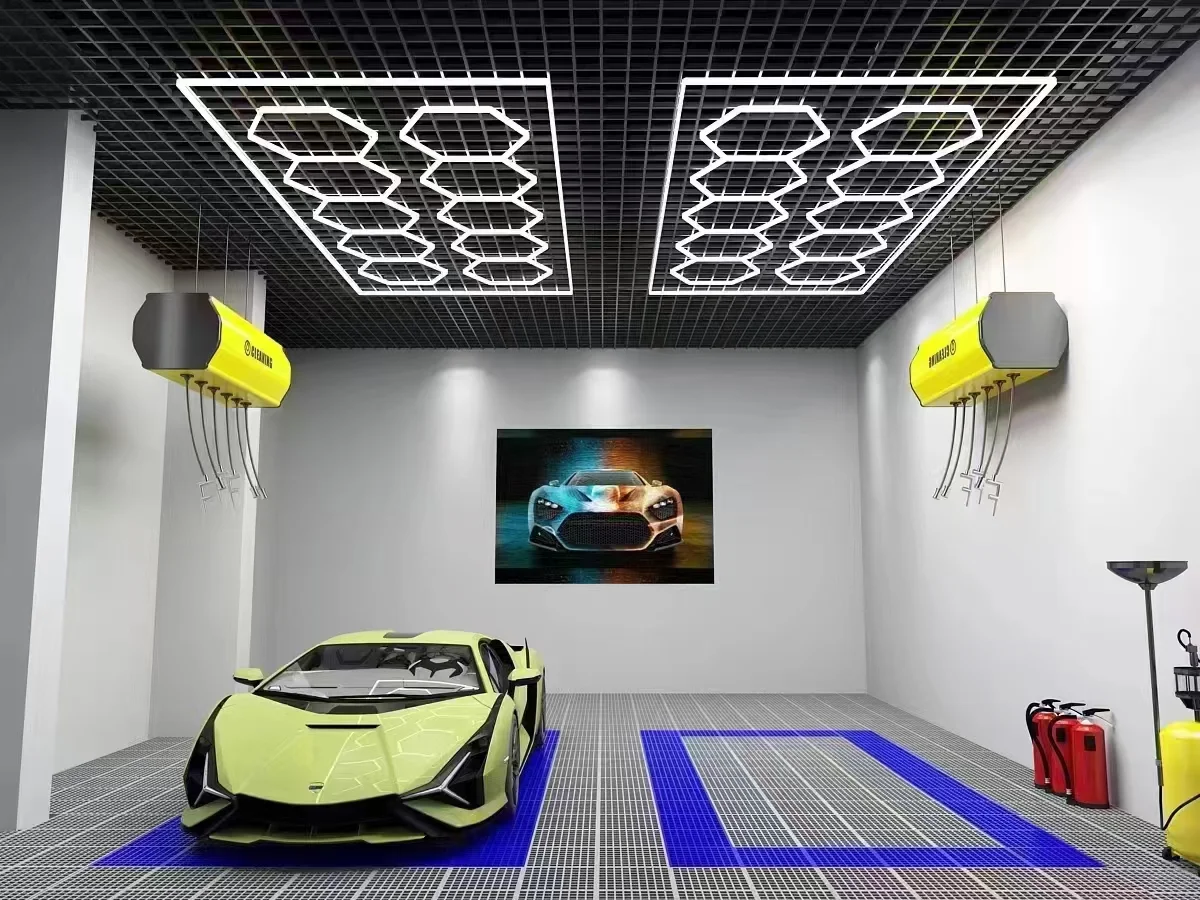 Customizable Shape DIY Hexagonal LED Garage Detailing Car Wash Light IP66 Waterproof 6000K Daylight 384W High Power Dimmable