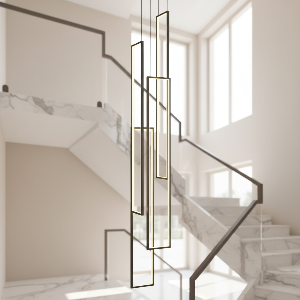 Black Gold Modern Led Pendant Light Hotel High Ceiling Geometric Hanging Lamp Staircase Large Long Customized Acrylic Chandelier