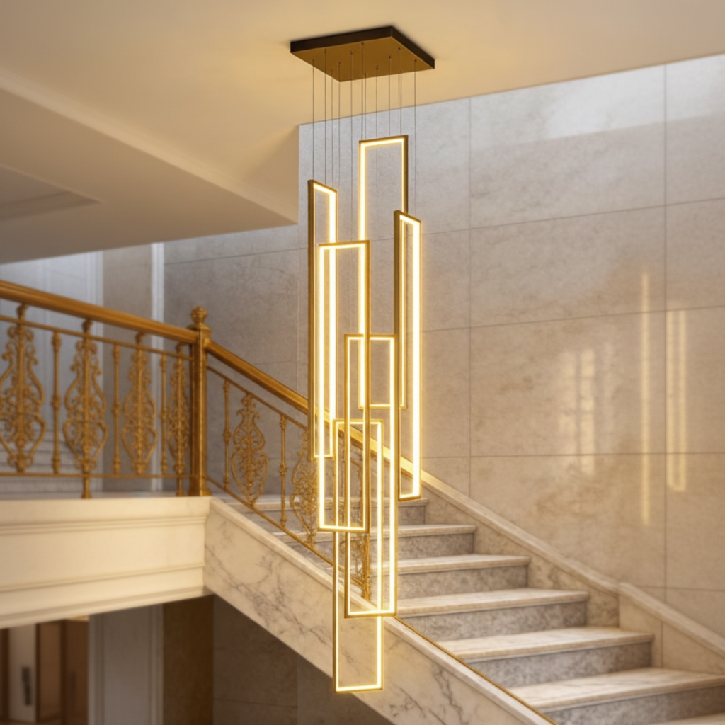 Black Gold Modern Led Pendant Light Hotel High Ceiling Geometric Hanging Lamp Staircase Large Long Customized Acrylic Chandelier