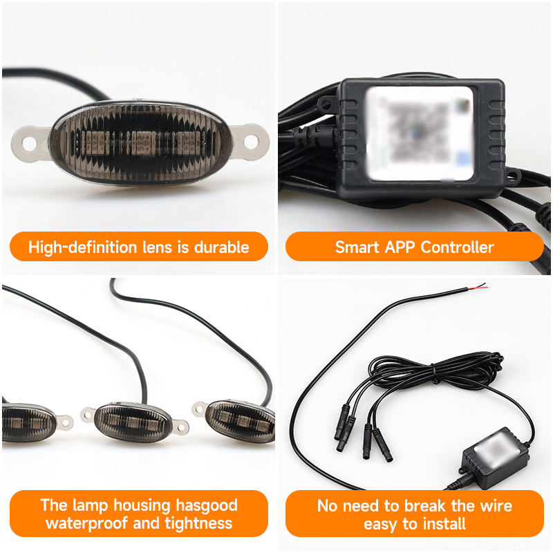 RGB Car Front Grille Light 4pcs in One APP Control 12V Led Grid Hood Light for Modify Off-road Vehicle Jeep SUV Decorative Lamp