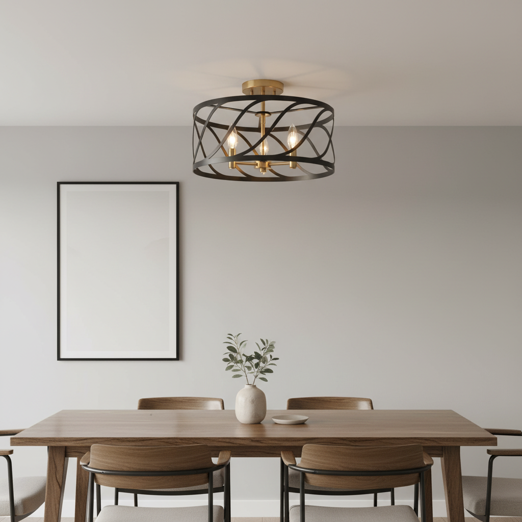 Geometric 3-Light Drum Semi Flush Mount Ceiling Light White Steel Cage Fixture Middle Size E12 Dimmable for Entryway Kitchen