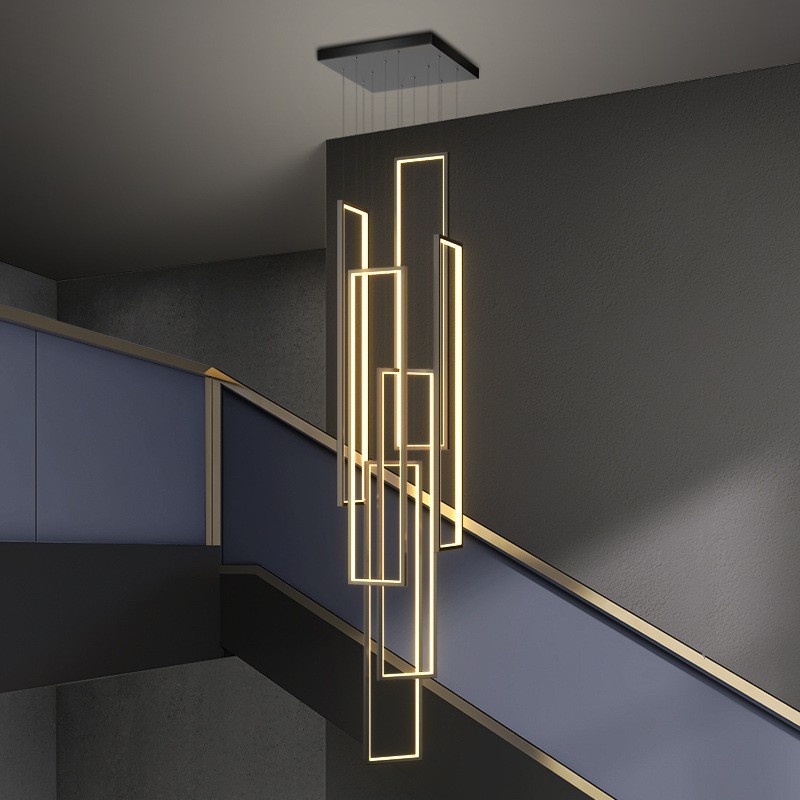 APCITL Black Gold Modern LED Pendant Light Hotel High Ceiling Geometric Hanging Lamp Staircase Large Long Customized Chandelier