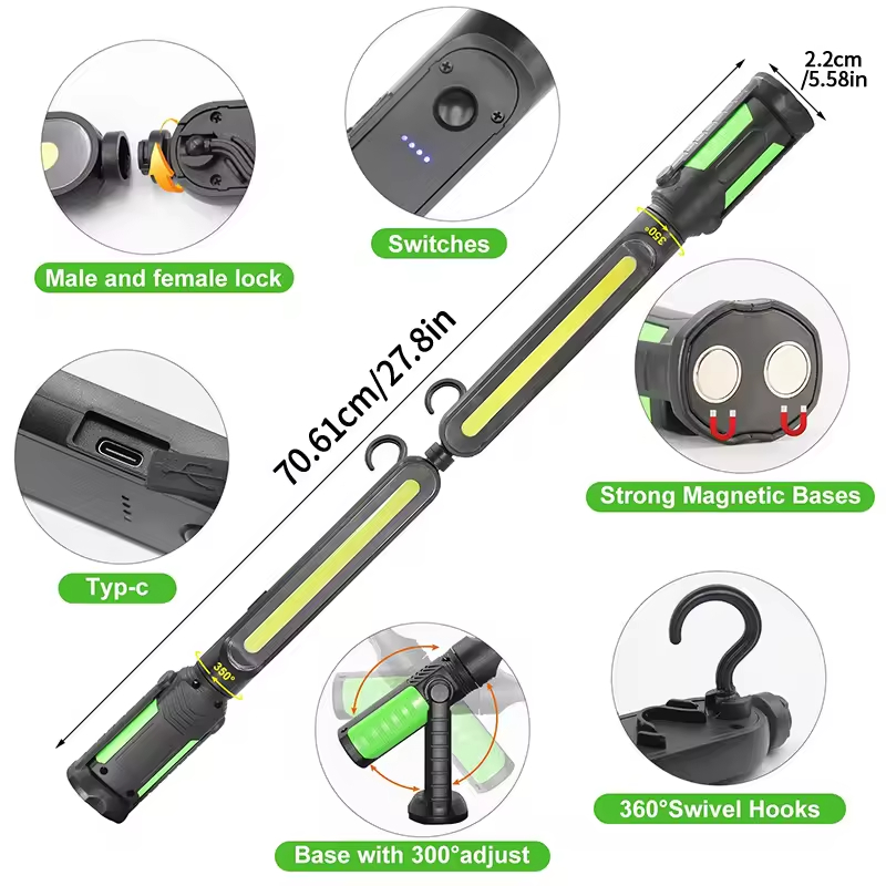 Portable Waterproof IP65 LED Work Light Rechargeable Magnetic Bar Mechanic Underhood Repair Emergency Use 6000K Daylight 360