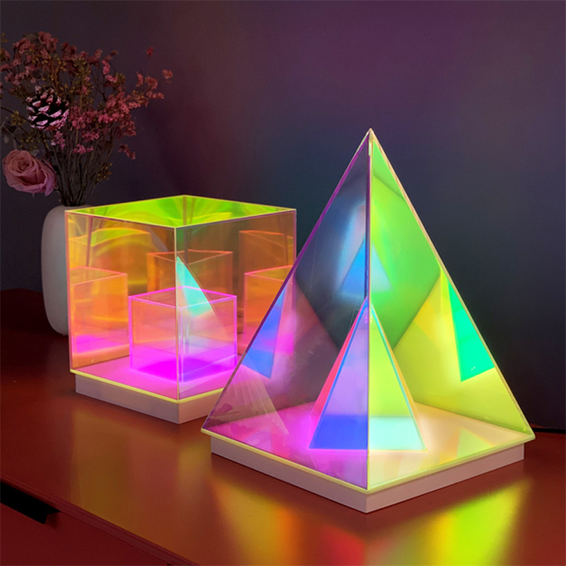 LED Pyramid Night Light Acrylic RGB Decorative Desk Lamp with Remote Control Game Room Bedroom Bedside Creative Decorative Lighting