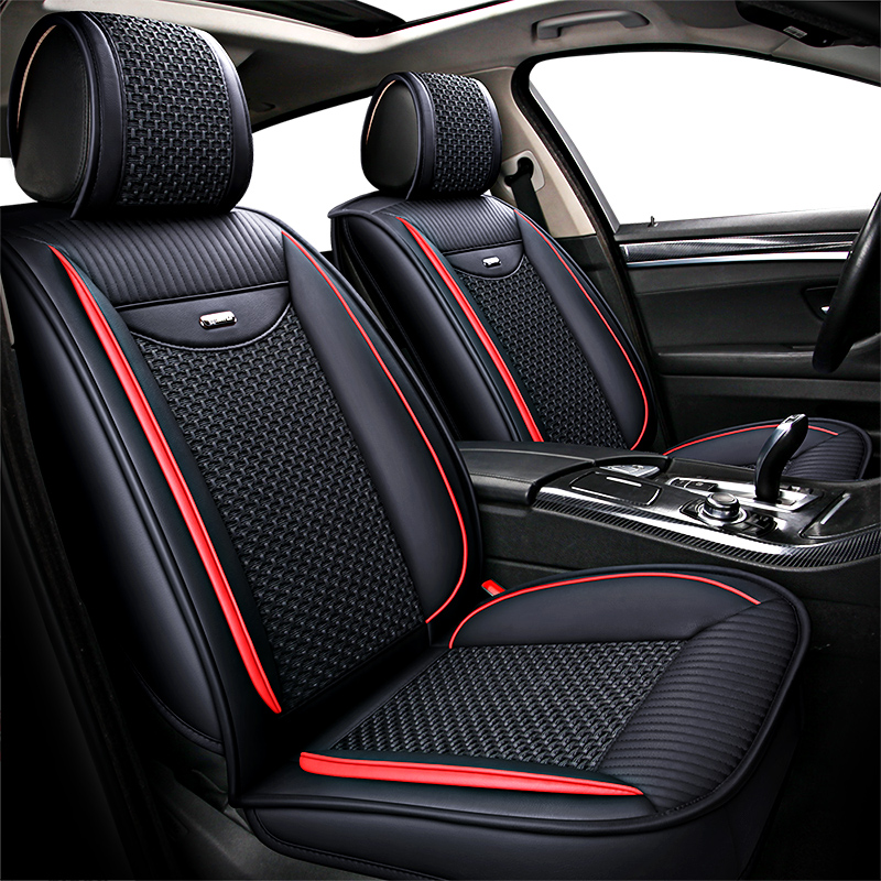 Leather+ice Silk 5 Seats Universal Sports Style All-Season Airbag Compatible Car Seat Covers Breathable Seat Cushion Polo Golf