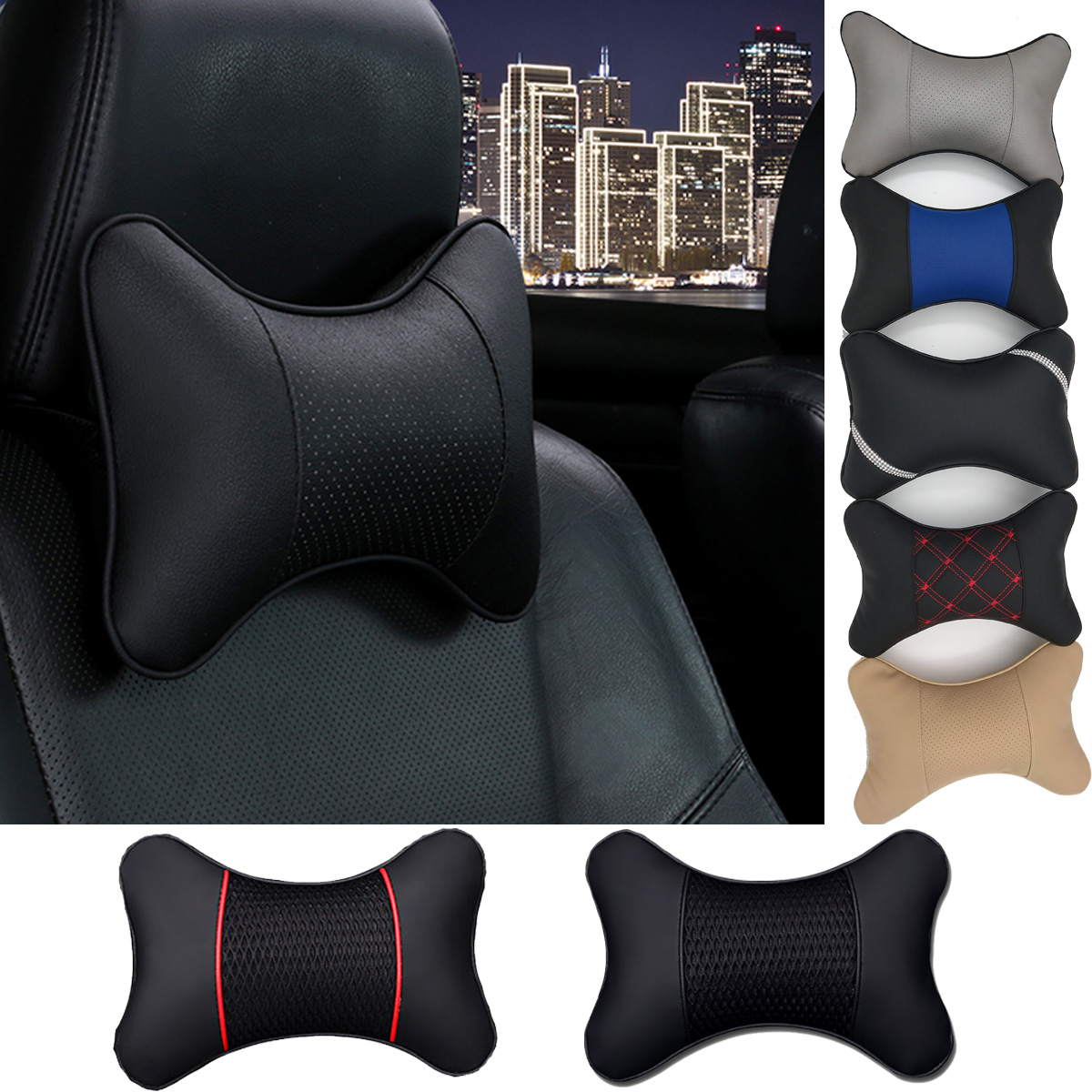 Car Neck Pillows Both Side Pu Leather 1pcs Pack Headrest for Head Pain Relief Filled Fiber Universal Car Pillow