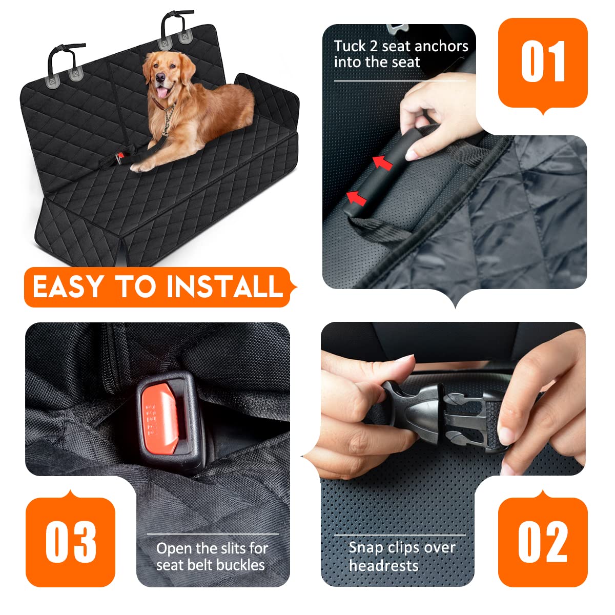 Waterproof Dog Car Seat Cover with Seat Belt Non-Slip Bench Pet Car Seat Protector for Most Cars Trucks SUVs