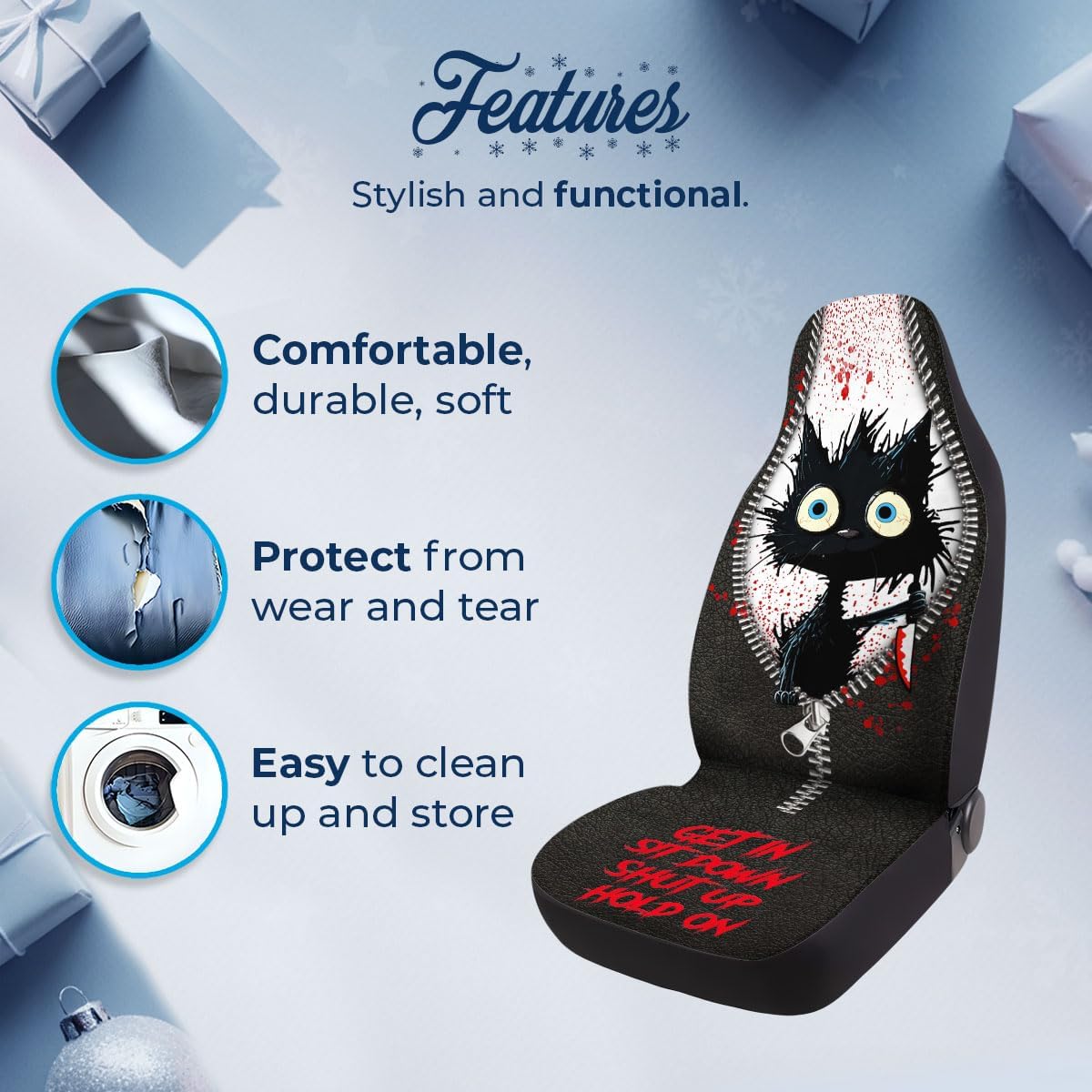 GENANY Funny Murder Cat Front Car Seat Covers OLIVER Fitment Durable Polyester Breathable Protective Automotive Accessory Made