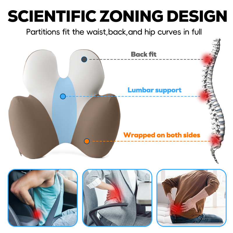 Comfort Portable Pain Relief Orthopedic Memory Foam Lumbar Cushion Ergonomic Back Support Cushion for Office Chair