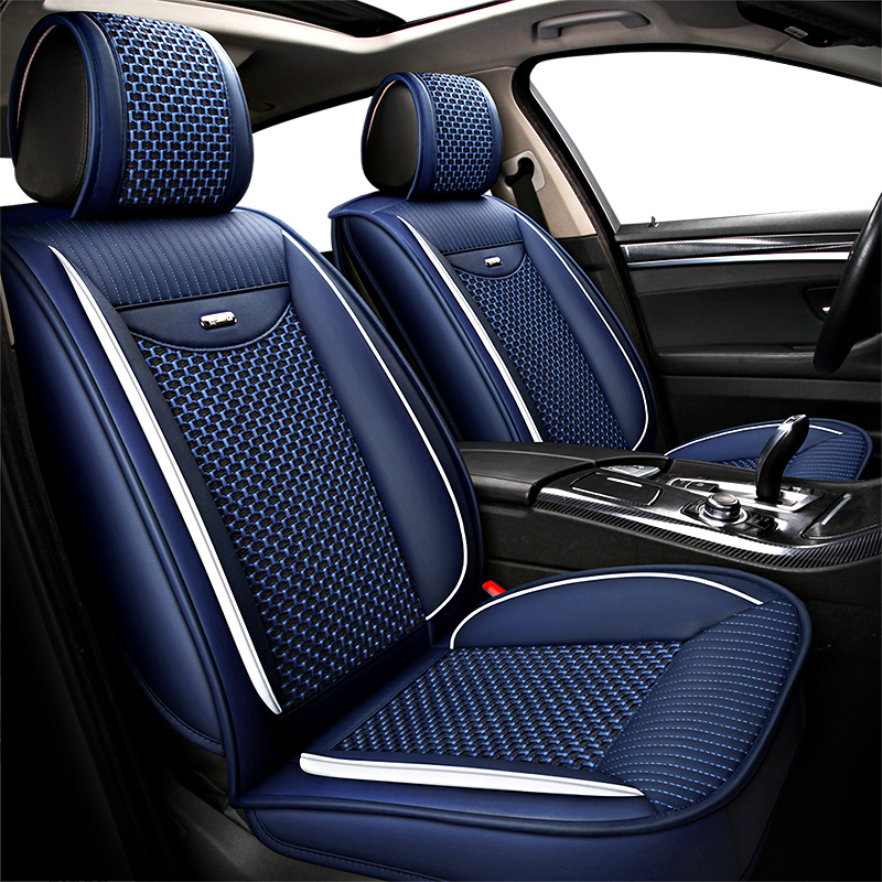 Leather+ice Silk 5 Seats Universal Sports Style All-Season Airbag Compatible Car Seat Covers Breathable Seat Cushion Polo Golf