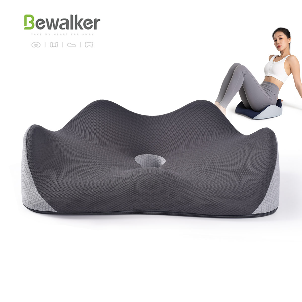 Bewalker Coccyx Seat Cushion Memory Foam Filling Comfortable Lumbar Support Pillow Pressure Relief Square Removable Washable