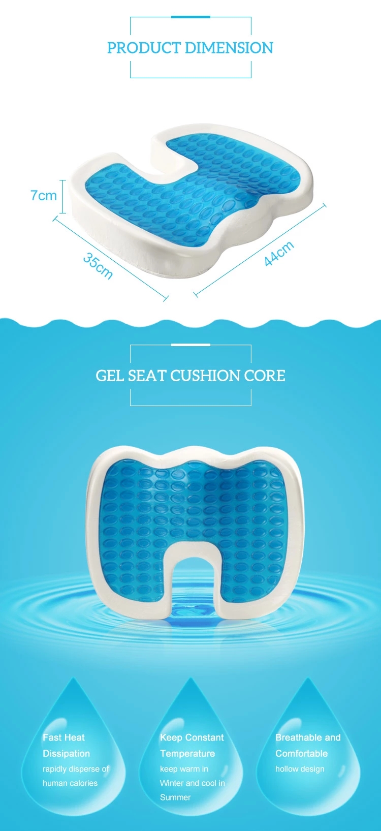 Factory Supply High Density Memory Foam Gel Seat Cushion Orthopedic U Shape Gel Butt Pillow Cooling Chair Seat Cushion