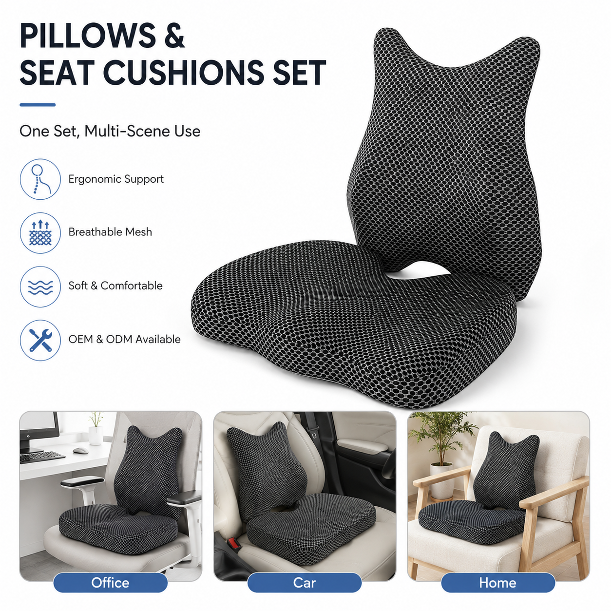 Hot Sell Memory Foam Lumbar Pillows &amp; Seat Cushions Set for Car Support Orthopedic Seat Cushion for Long Sitting