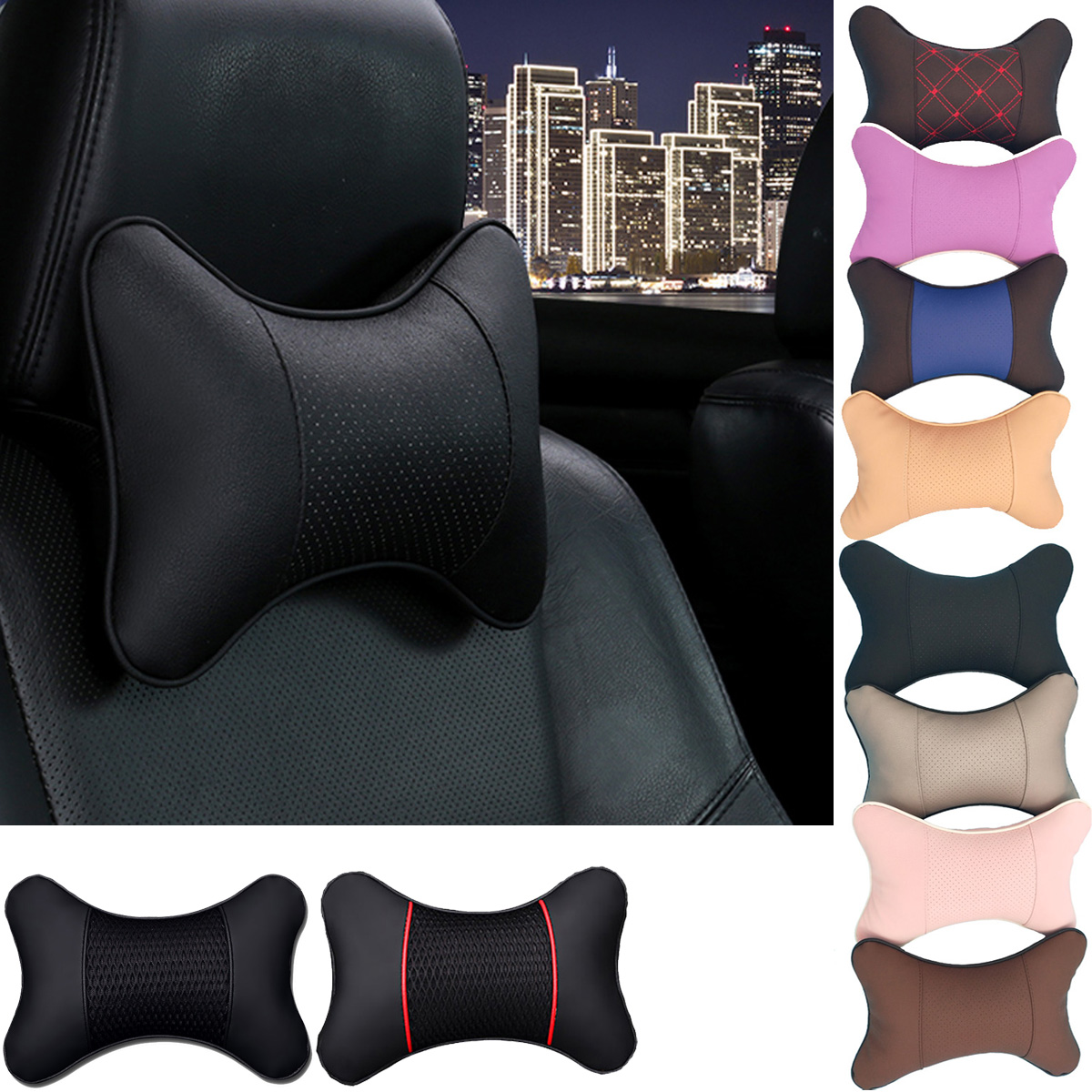 Car Neck Pillows Both Side Pu Leather 1pcs Pack Headrest for Head Pain Relief Filled Fiber Universal Car Pillow