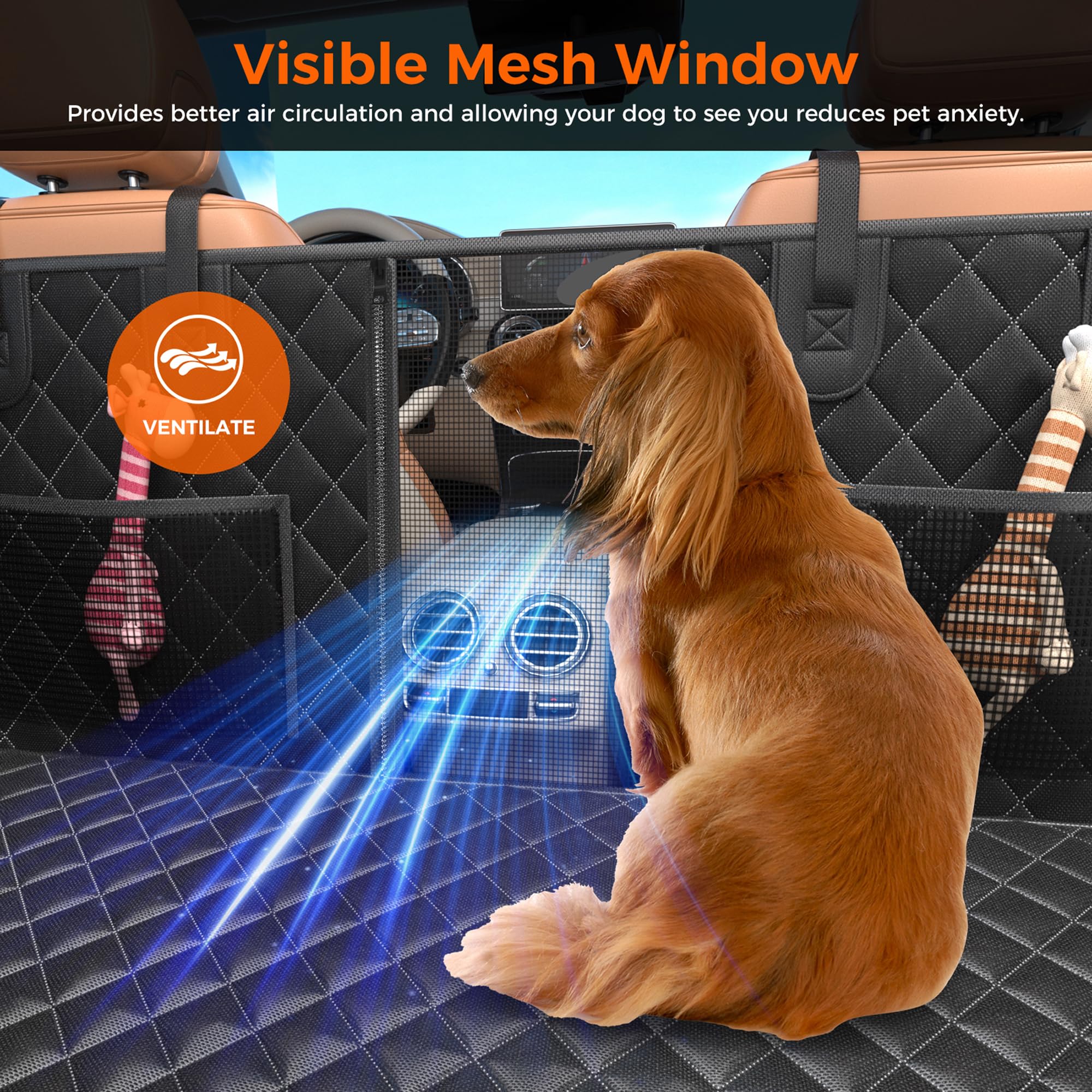 New Custom Eco-Friendly Breathable Pet Travel Waterproof Dog Car Seat Cover Oxford Material Hard Bottom Mesh Window Print Easy