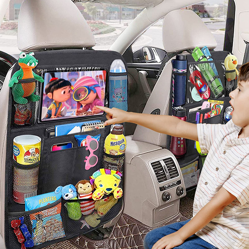 Custom Logo 600D Oxford Car Back Seat Organizer Storage Bag Clear Screen Car Box Storage With Touch Screen Tablet